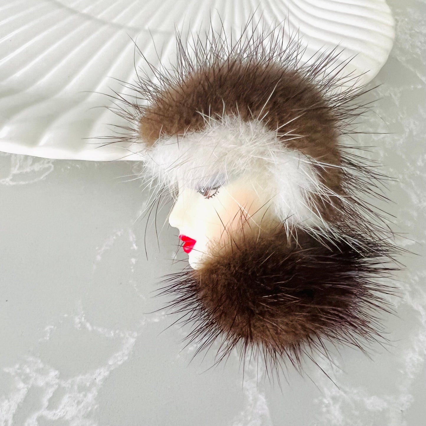 Vintage Woman in Fur Brooch / 80’s Retro Pin with Real Fur / Lady in Fur Hat and Eyeshadow / Elegant 1980s Fashion
