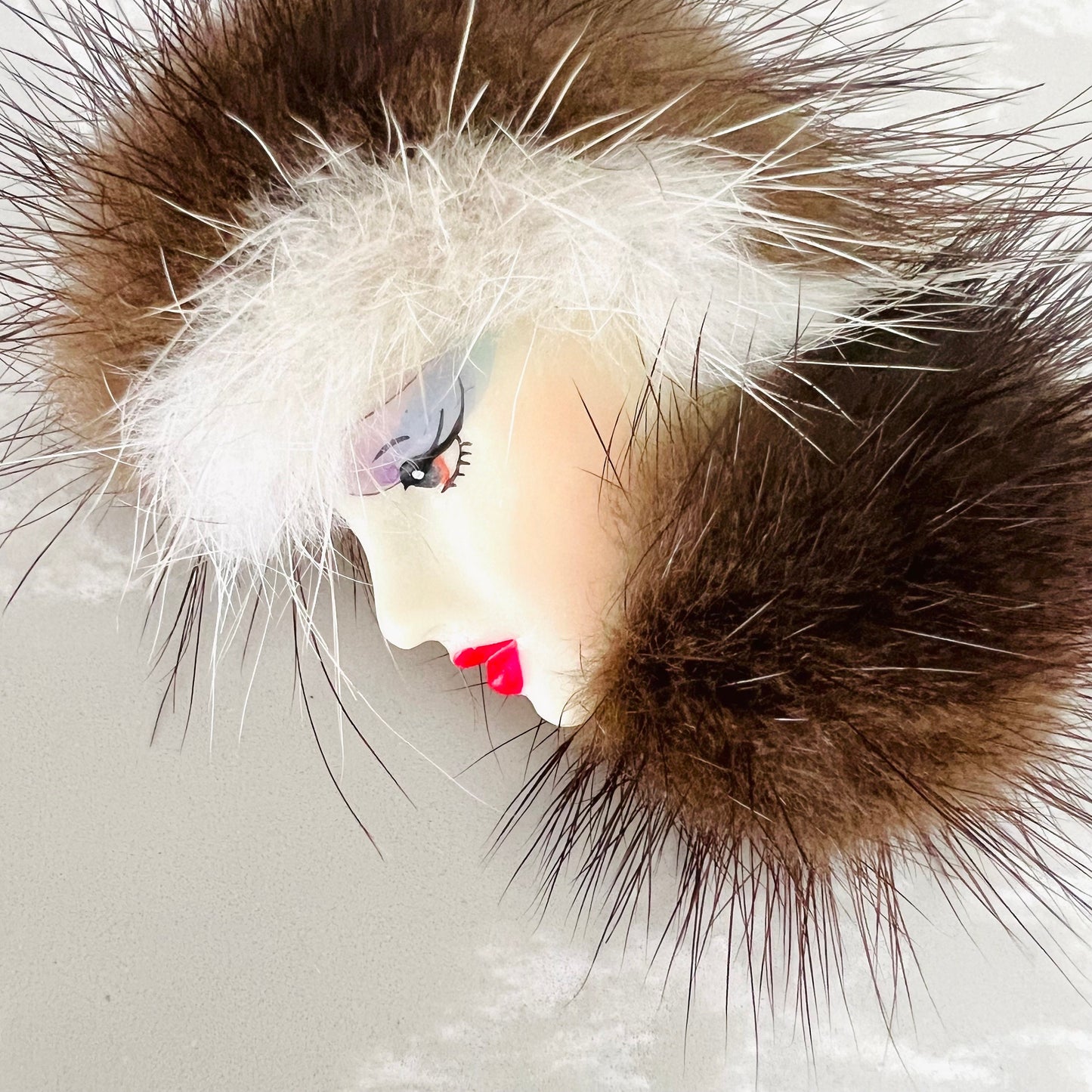 Vintage Woman in Fur Brooch / 80’s Retro Pin with Real Fur / Lady in Fur Hat and Eyeshadow / Elegant 1980s Fashion