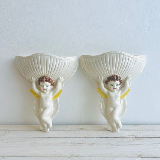 Set of 2 Vintage Cherub Wall Pockets