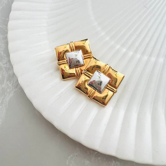 Vintage Clip-On Earrings / Gold & Silver Square Earrings / Retro Jewelry / Boxy Square Shape Jewelry