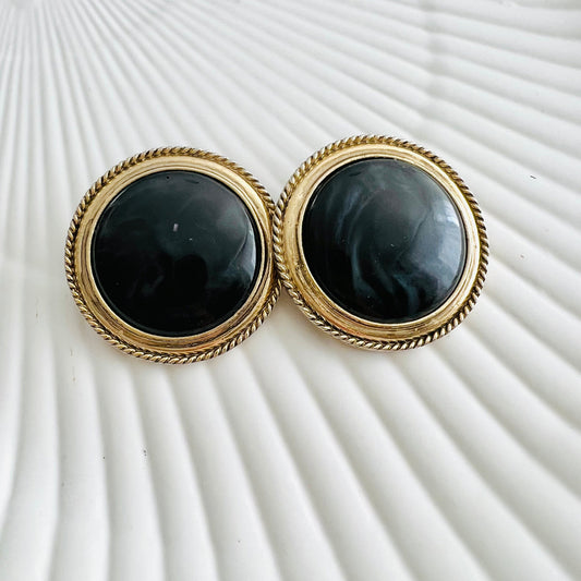 Vintage Clip-On Earrings / Round Black & Gold Tone Classic Earrings / Retro 1980’s Jewelry