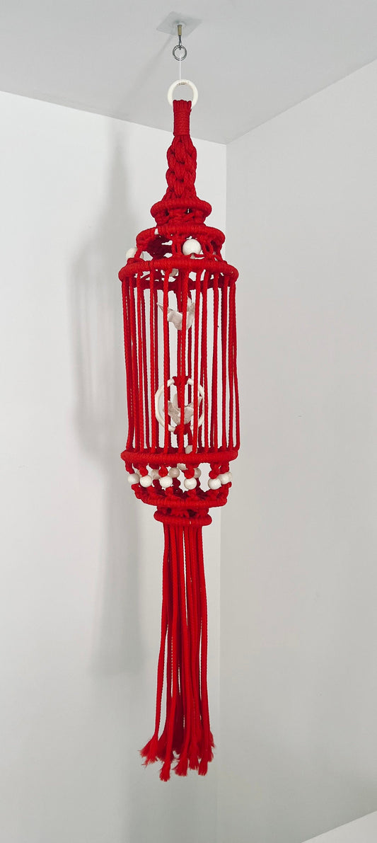 Vintage Macrame Bird Cage / Red Ceiling Hanging Decor with 2 Ceramic Birds / Retro 70’s Large Macrame Decor