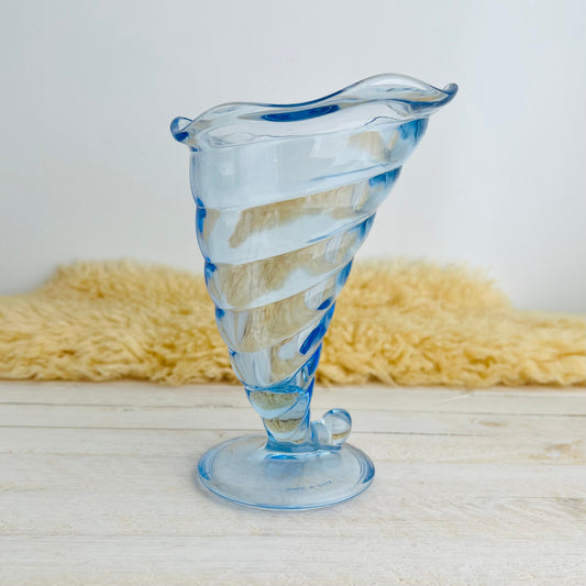 Vintage Bormioli Rocco Ice Cream Dish / Blue Glass Retro Vase or Dessert Cup / Seashell or Cornucopia Style 1950’s Glass