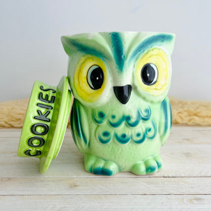 Vintage Owl Cookie Jar / Green Retro Ceramic Owl Kitchen Decor / Adorable Kitschy Storage Jar