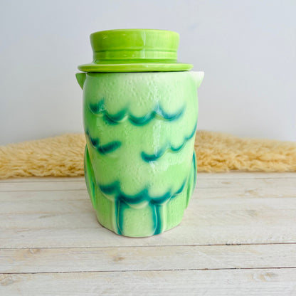 Vintage Owl Cookie Jar / Green Retro Ceramic Owl Kitchen Decor / Adorable Kitschy Storage Jar