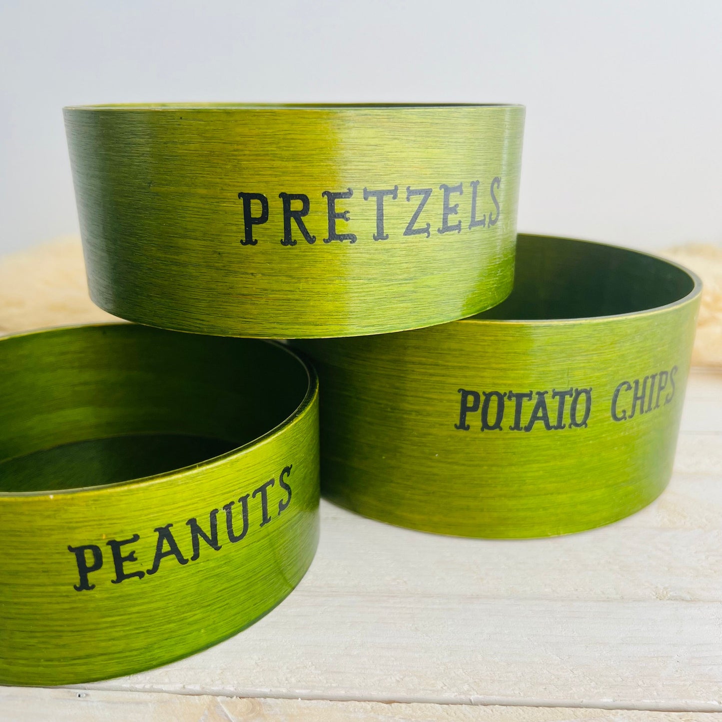 Vintage Wooden Snack Bowls / Set of 3 Chips, Peanuts and Pretzels Baskets / Gorgeous Green with Hand Painted Letters / Unique Kitchen Decor