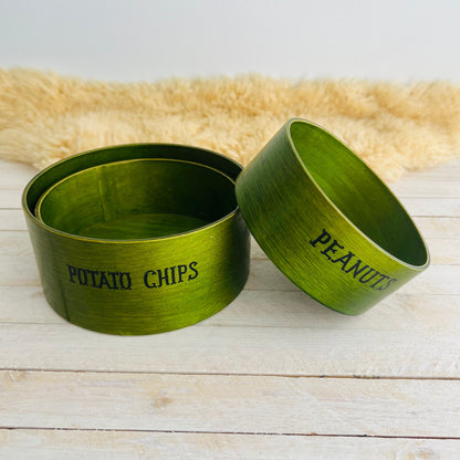 Vintage Wooden Snack Bowls / Set of 3 Chips, Peanuts and Pretzels Baskets / Gorgeous Green with Hand Painted Letters / Unique Kitchen Decor