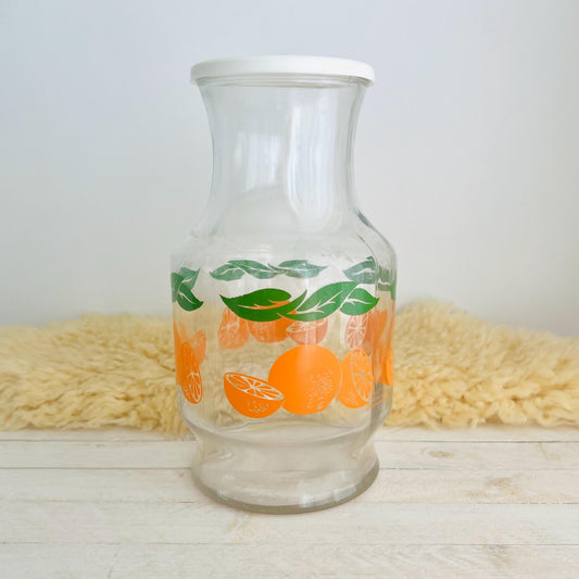 Vintage Orange Juice Jug / Anchor Hocking Carafe with Lid / Fruit Pattern Glass Drink Jar