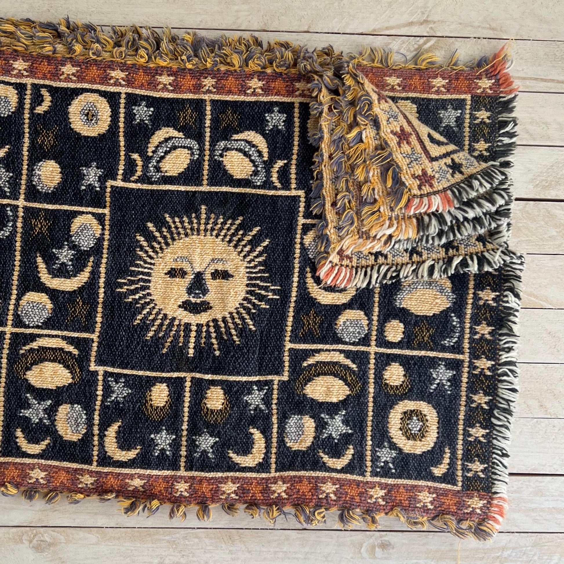 Vintage Celestial Placemats / Set of 5 Woven and Reversible Sun & Moon Place Mats / Retro Astrological, Cosmic Home Decor