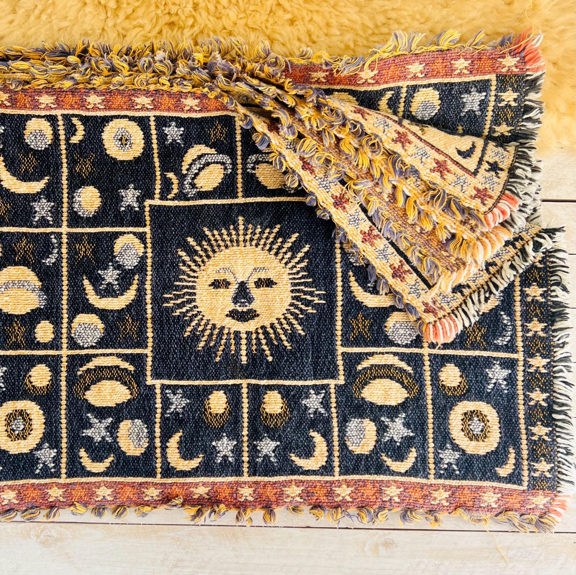 Vintage Celestial Placemats / Set of 5 Woven and Reversible Sun & Moon Place Mats / Retro Astrological, Cosmic Home Decor